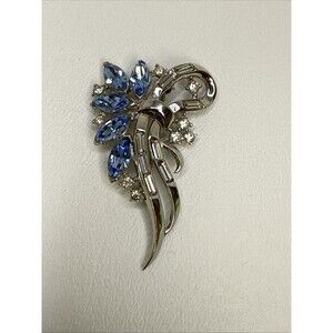 Crown Trifari Silver Tone Blue & Clear Rhinestone Floral Brooch Pin Vintage
